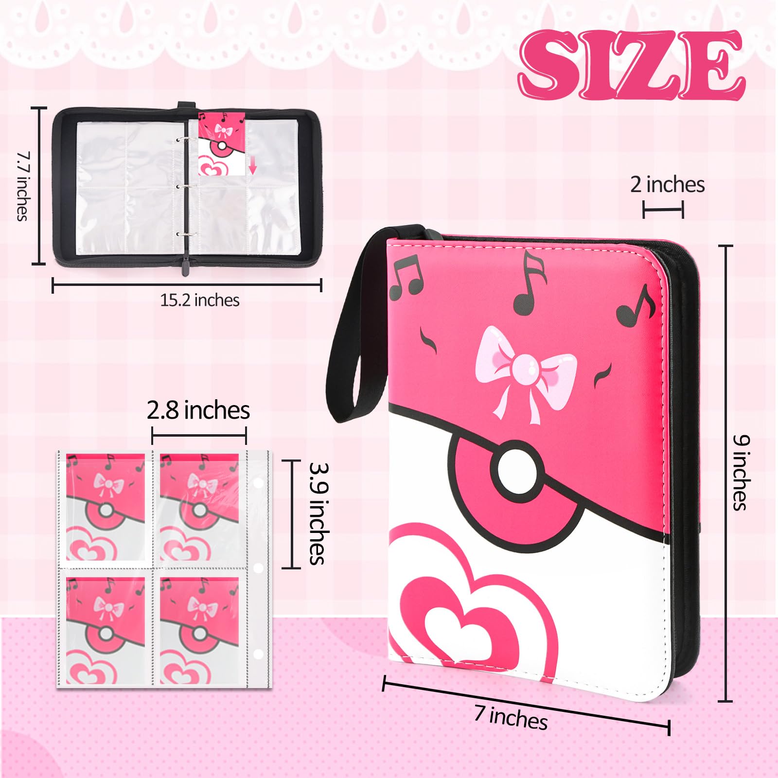 Kartenbinder für Mädchen, 4 Taschen, 400 Kartenhalter mit 50 abnehmbaren Hüllen, Sammelkartenhalter für TCG-Spielkarten, Sammleralbum, Sport-Sammelkarten, Sammelalbum, Rosa