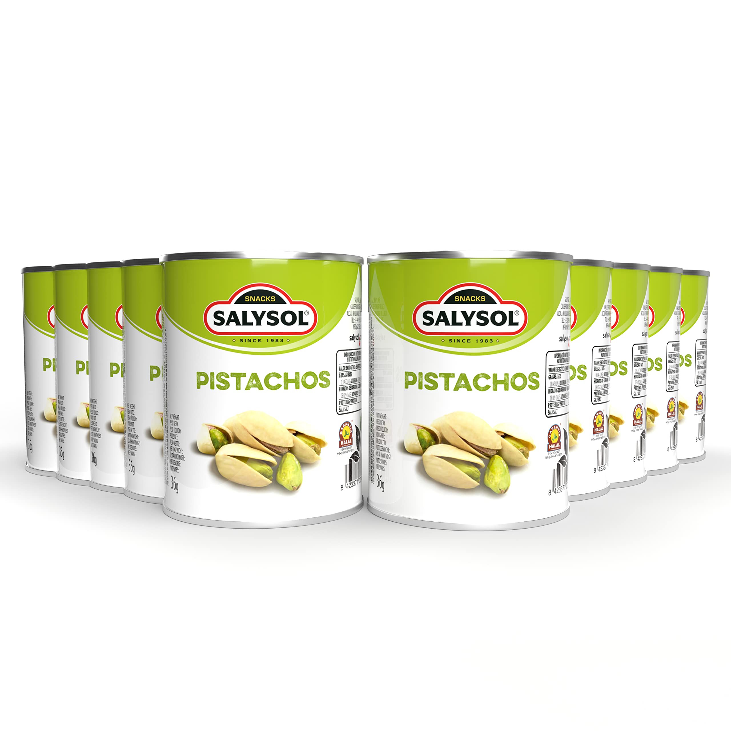SALYSOL | Pistachos aperitivos salados envasados al vacío 10x36 gramos.