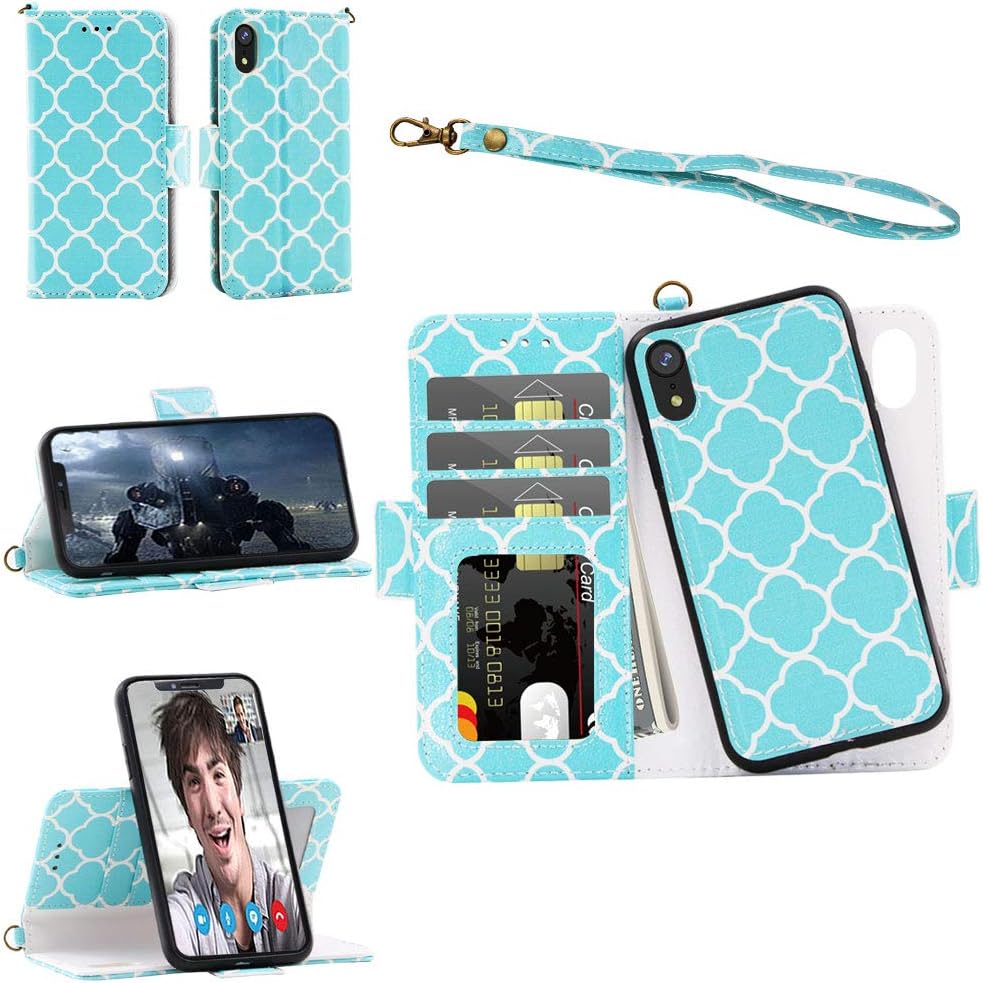 Samgg iPhone XR Wallet Detachable Case with Wrist Strap, Magnetic Closure, Card Slot, Kickstand - Luxury Flip Folio Leather Case with Tempered Glass for 6.1 inch Apple iPhone XR (Lucky Clover)