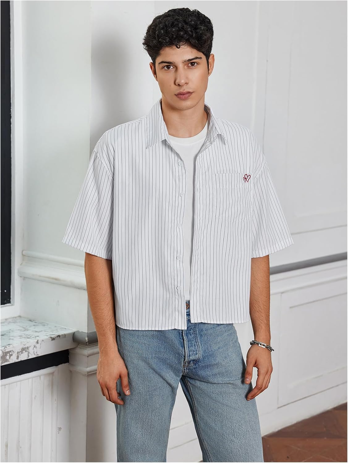 SweatyRocks Men's Striped Button Down Shirt Short Sleeve Collared Loose Fit Crop Shirt with Pocket - Image 5