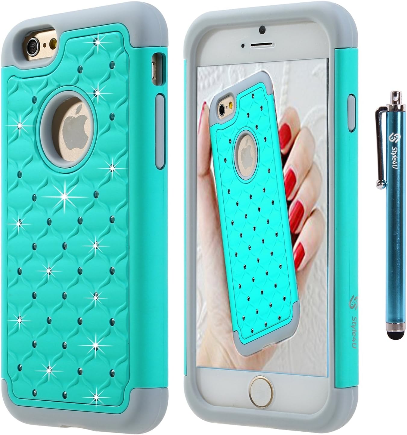 Style4U iPhone 6S Case, iPhone 6 Case, iPhone 6S / 6 Studded Rhinestone Crystal Bling Hybrid Armor Case Cover for Apple iPhone 6S / iPhone 6 with 1 HD Screen Protector and 1 Stylus [Mint Green/Grey]