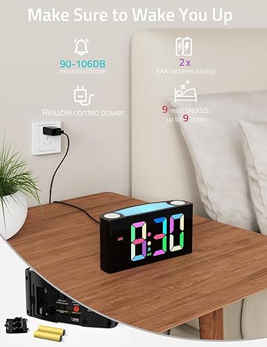 Miniatura 4 de Mesqool Reloj despertador digital para dormitorios, reloj LED enchufable con dígitos RGB dinámicos, pantalla regulable y luz nocturna, 7 opciones de