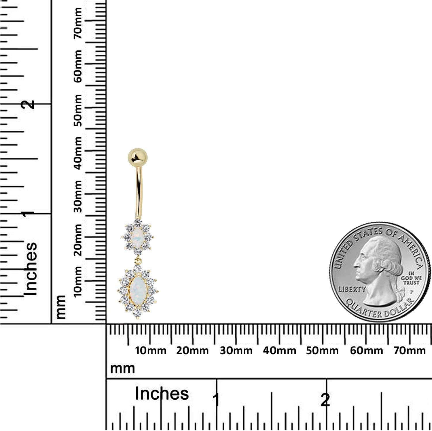 AVORA 10K Gold Oval Simulated Opal and Simulated Diamond CZ Dangle Belly Button Ring Body Jewelry (14 Gauge)