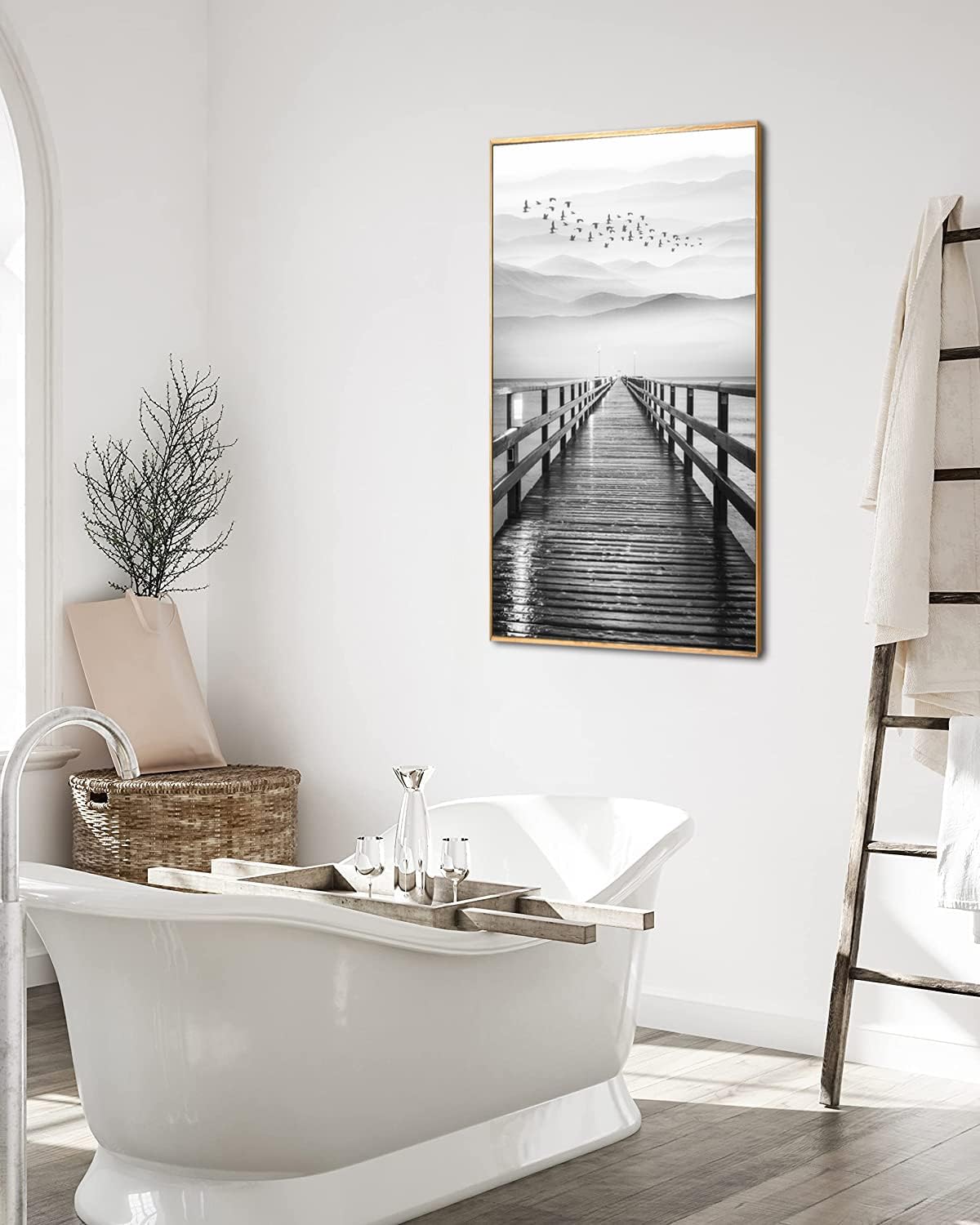 Piy Painting Natural Extra Framed Canvas Wall Art of Lake for Aisle Corridor,Black & White Pier with Bird Flying Canvas Picture Print Decor,Vertical Wharf Mountain Landscape Artwork,Graphic Art Prints 24x48 IN