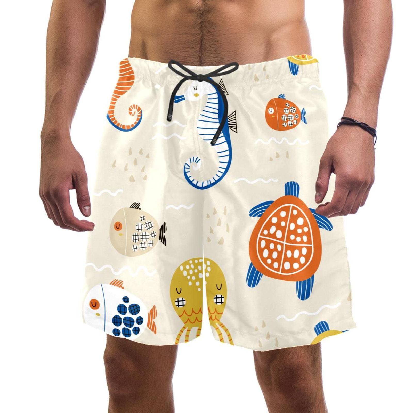 Maillots de bain hommes JDEZ : short de plage doodle tortue et hippocampe