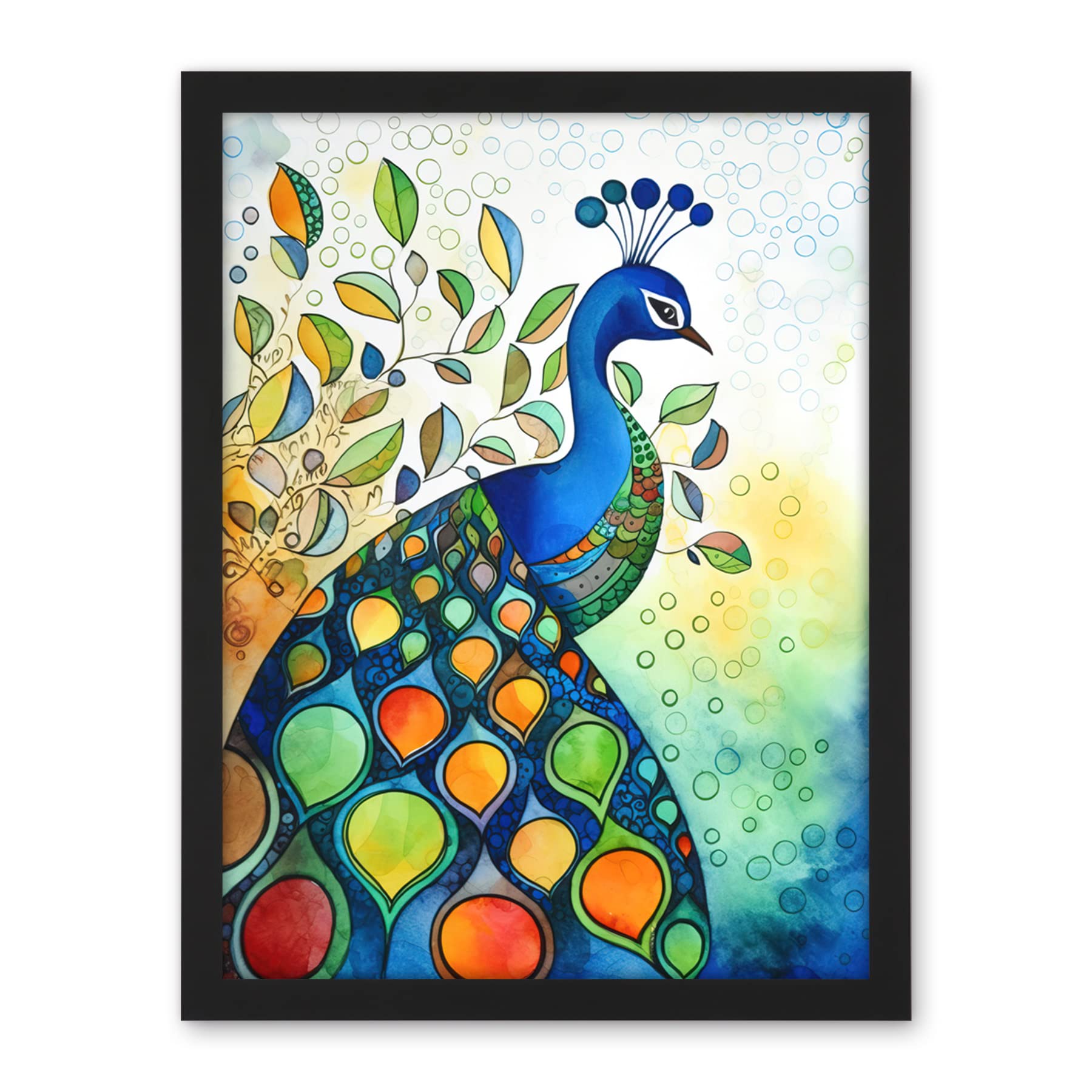Artery8 Peacock Bird Folk Art Watercolour Painting Artwork Framed Wall Art Print 18X24 Inch