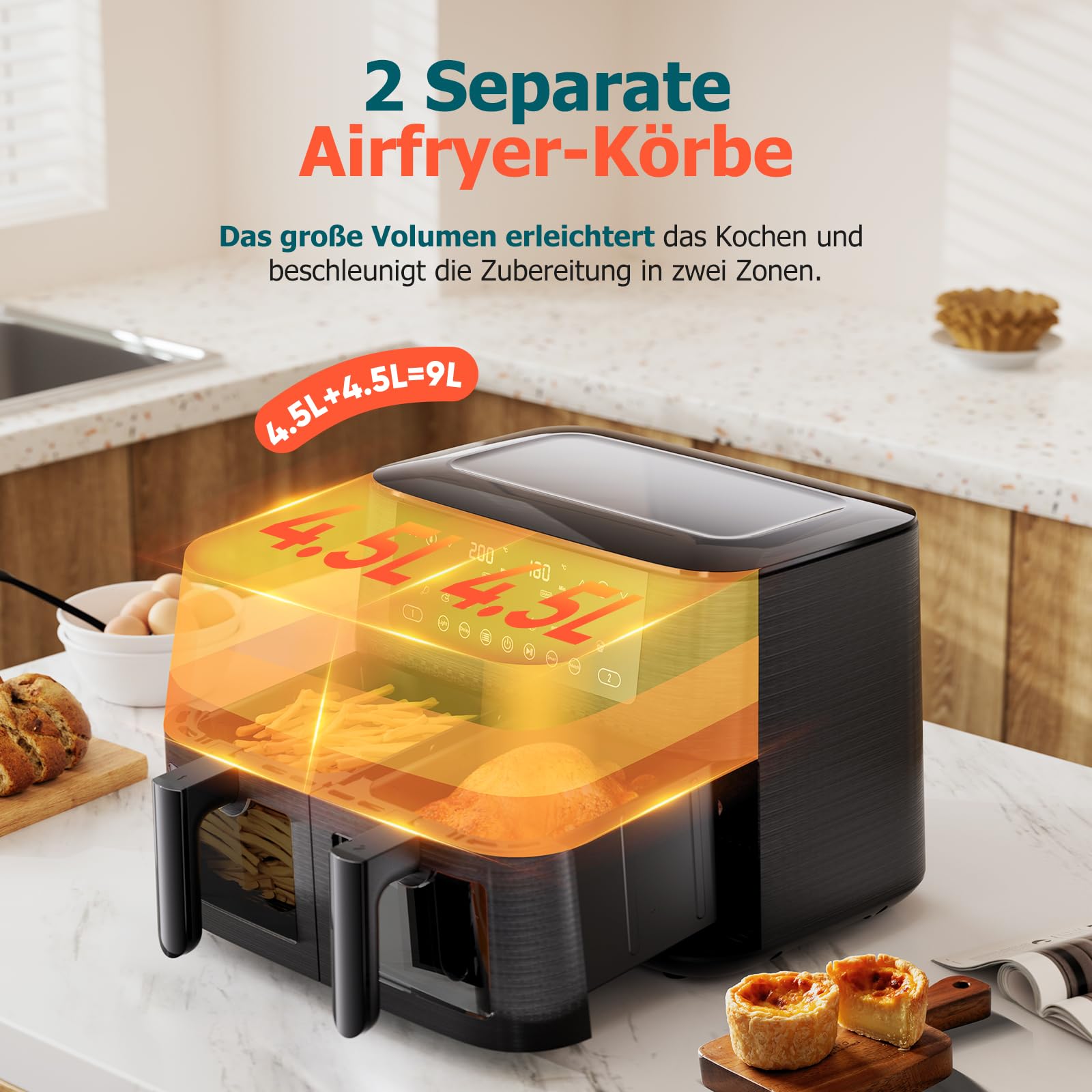 Heißluftfritteuse 2 kammern mit Sichtfenster, 9L Airfryer, 2 Fächer, 9-in-1, Touchscreen, Spülmaschinenfeste Körbe, Antihaftbeschichtete Frittierkörbe, Gesunde Friteuse ohne Öl und fettarmes Kochen