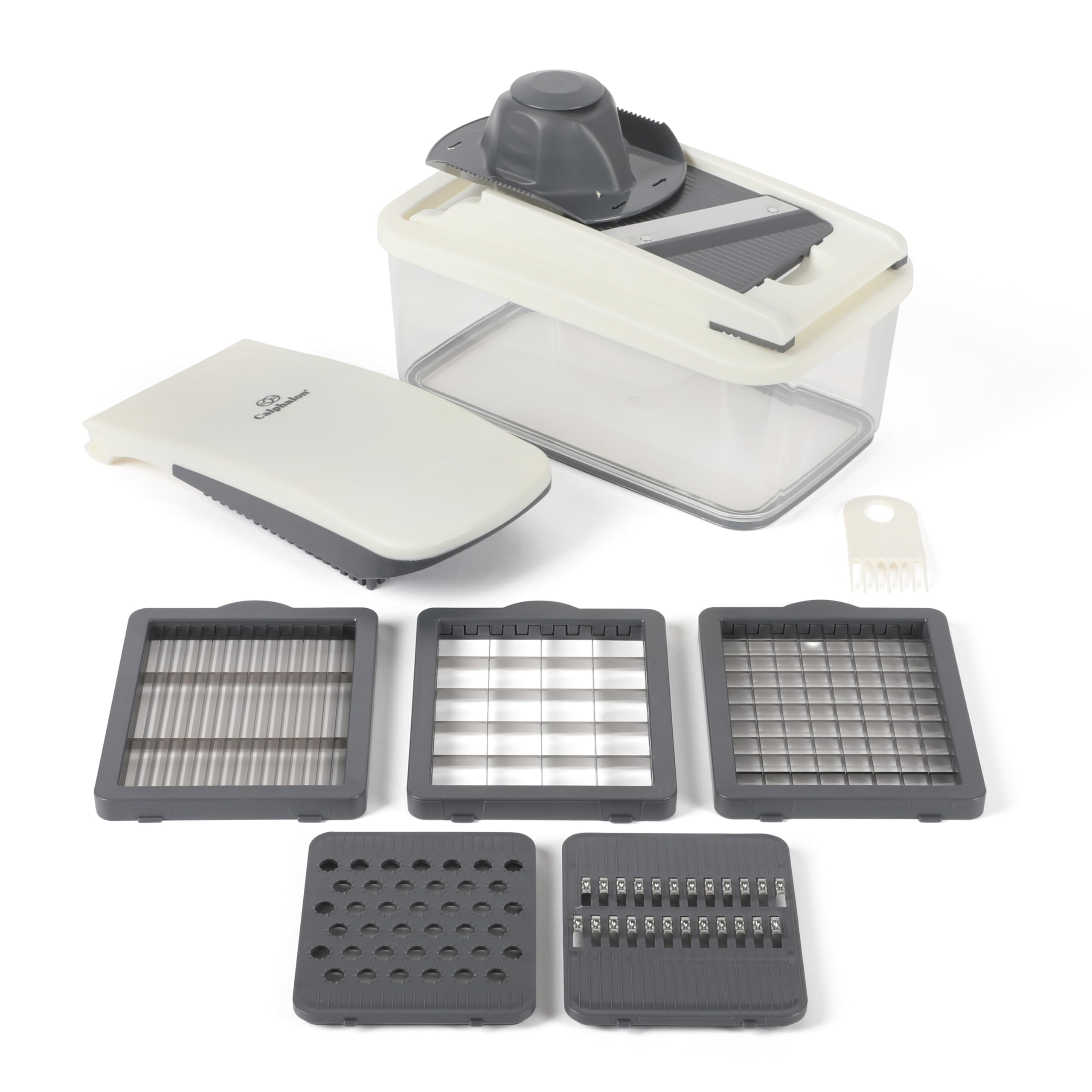 Photo 1 of **CONTAINER IS CRACKED BUT ALL ATTACHMENTS ARE INCLUDED** Calphalon Vegetable Chopper With Container, 3 Blades with1 Chopper and1 Mandoline, 5-in-1 Food Chopper with Stainless Steel Blades & Mandoline Slicer, Multi-Functional Dicer with Storage Container