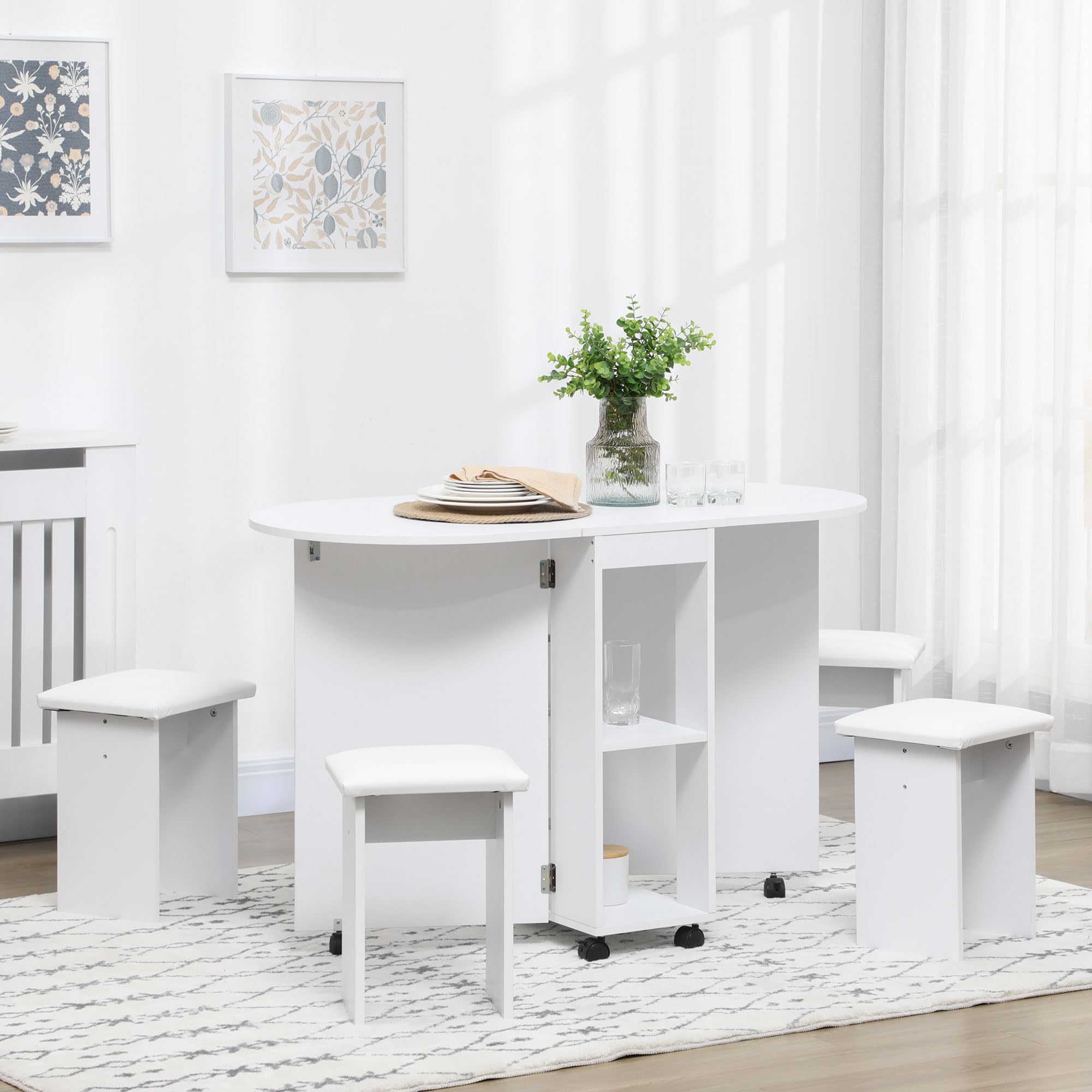 HOMCOM 5 pz Set da Pranzo con Tavolo Pieghevole con 4 Sgabelli Bianco