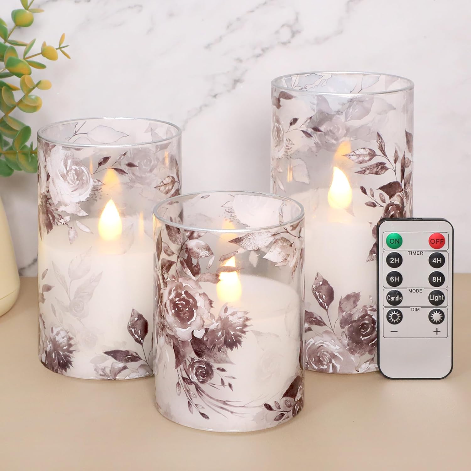 Crystal Club Rose Glass Flameless Candles, Battery Operated LED Pillar Candles with Remote & Timer, Floral Real Wax 3D Flickering for Home Wedding Décor, Set of 3