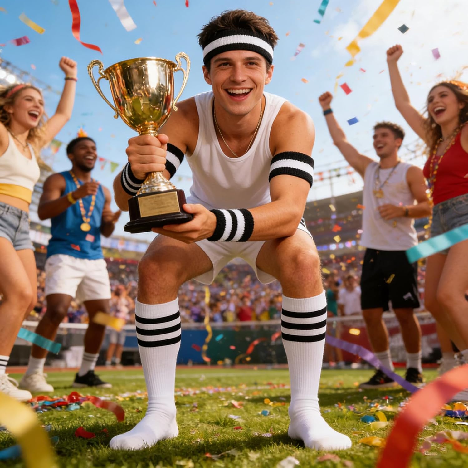 5 Pieces Sweatband Striped Sock Set Sports Headband Wristbands High Tube Socks 80s Accessories for Men Women - Image 7