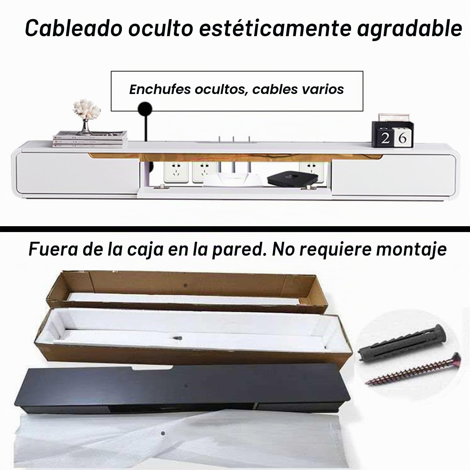 Madera Maciza Mueble TV Suspendido Moderna con 2 Cajones, Pintura en Aerosol Mate Mueble TV Flotante, no Requiere Montaje, Consola Multimedia para Sala de Estar (Blanco A, 140cm)