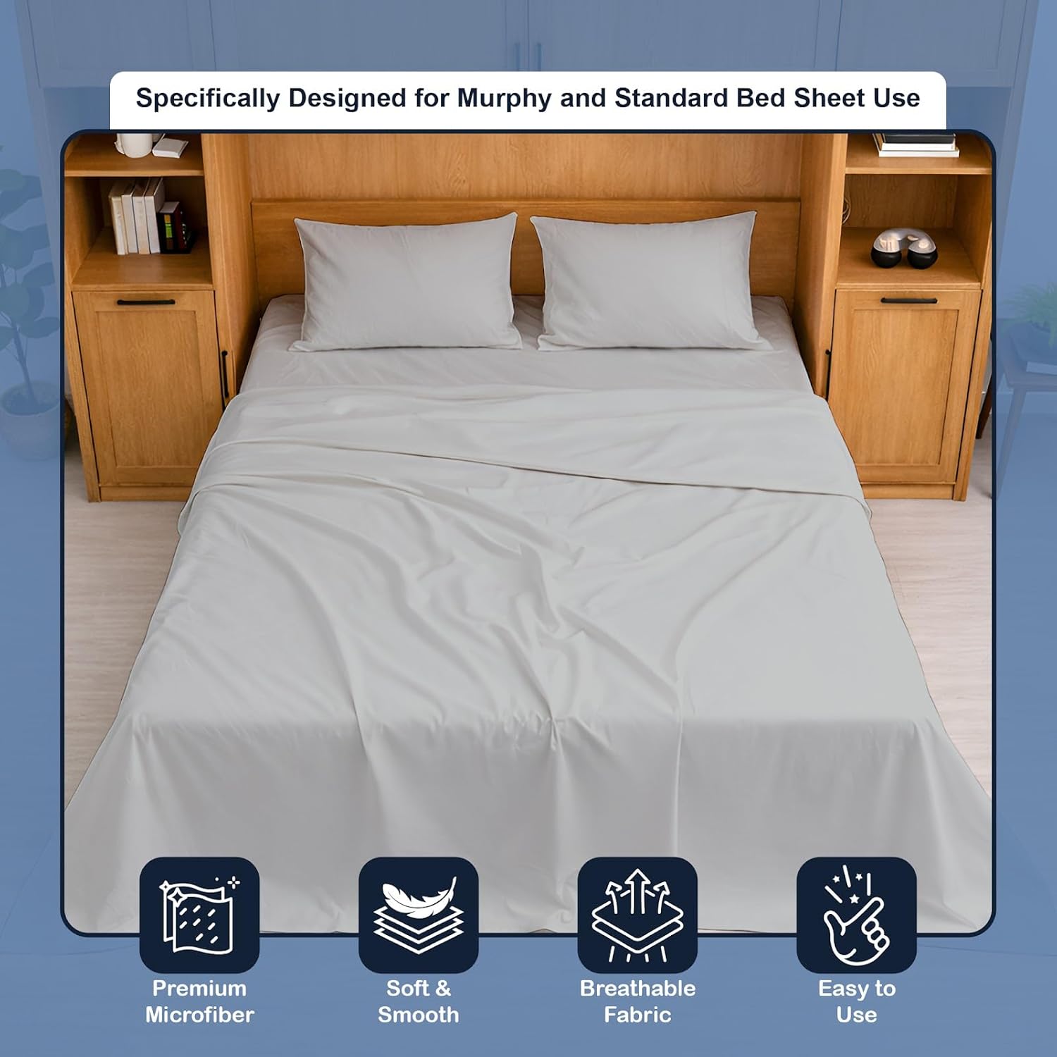 Cottington Lane Silver Grey Sheets for Murphy Bed Mattress, 4 Piece Premium 1800 Ultra Soft Brushed Microfiber Twin Size Wall Bed Sheet Set, 6-10 Inch Deep Pocket with All-Around Elastic