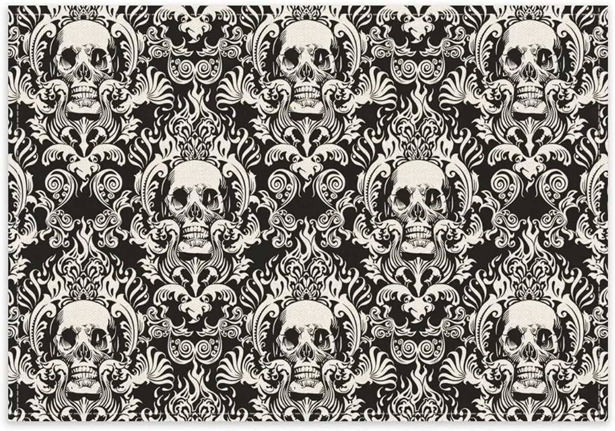 6pcs Skull Rose Placemats,Washable Heat 12×18 Inch Linen Table Mats Floral Place Mats for Party Outdoor Dining Décor(6)