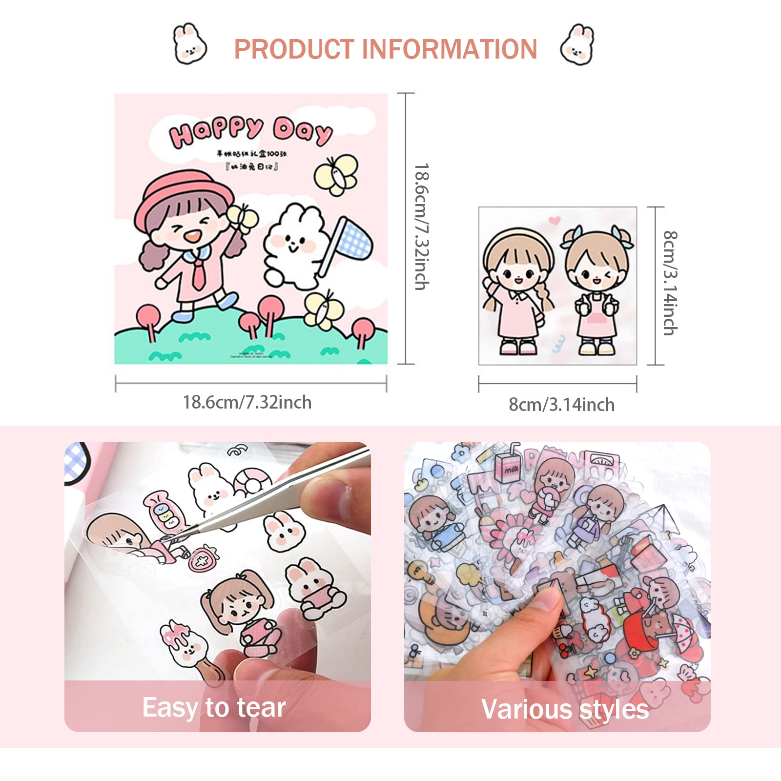 Dingfeng Cute Kawaii Stickers, 100pcs Clear Cartoon Girl Stickers, Pink, Waterproof, Perfect for Scrapbook Laptop, Notebook & More - Image 2