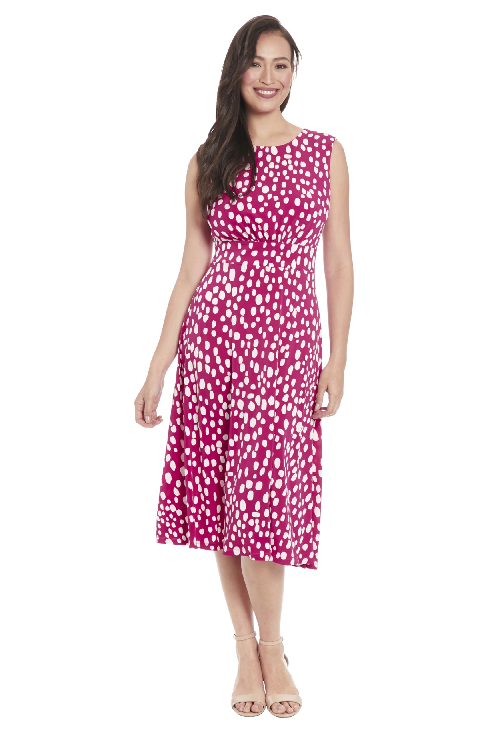 London Times Women's Sleeveless Inset Waist Midi Fit and Flare Dress