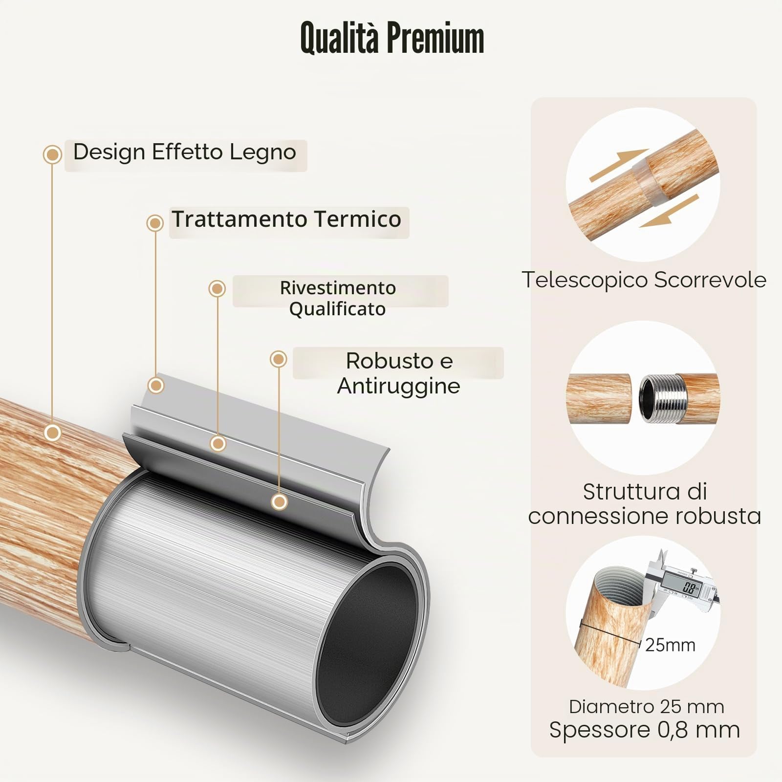 Bastone per tenda effetto legno, estensibile 76-219 cm – 25 mm, anima in metallo con venature del legno imitazione, compatibile con occhielli, asta estensibile per finestre/porte, marrone