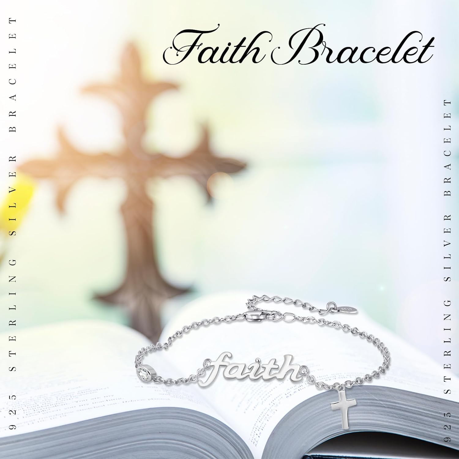 faith Bracelet,S925 Sterling Silver Faith Cross Double Layer Bracelets Christian Jewelry for Women