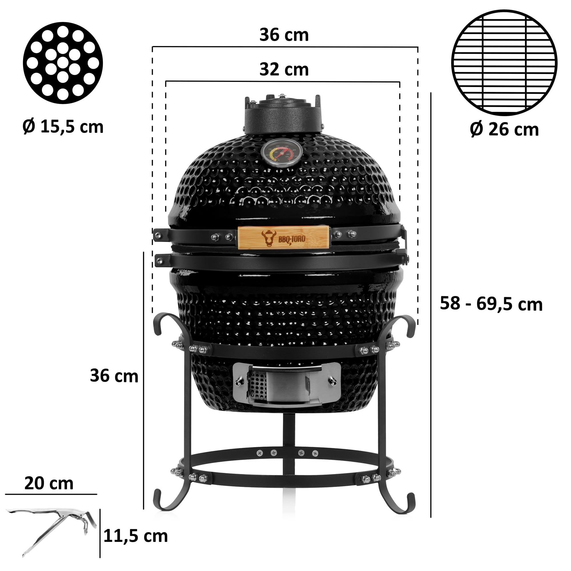 BBQ-Toro Ceramic Kamado BBQ Ø 32 cm avec thermomètre, poignée en bois