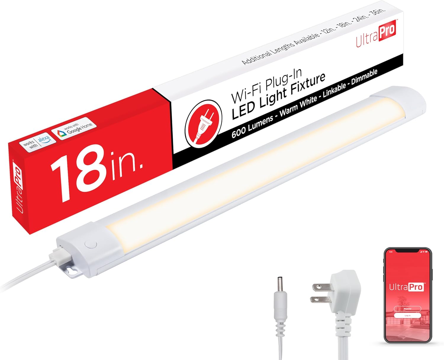 UltraPro 18 inch Smart Plug-in Linkable Under Cabinet Lights, Dimmable, Warm White Light (2700K), Wi-Fi App Controlled, Timer, LED Under Cabinet Lighting, Under Counter Lights for Kitchen, 57050