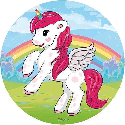 dekora - Disco Comestible de Unicornio para Decoración de Tartas de Cumpleaños - Ø 20cm - Disco comestible sin azúcar, sin gluten y sin lactosa - Decoración comestible para tartas