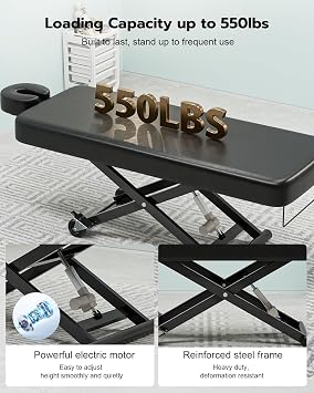 Paddie Flat Electric Lift Massage Table, Professional Spa Bed 6.7 Memory Foam with Adjustable Face Cradle and Rolling Wheels, Black
