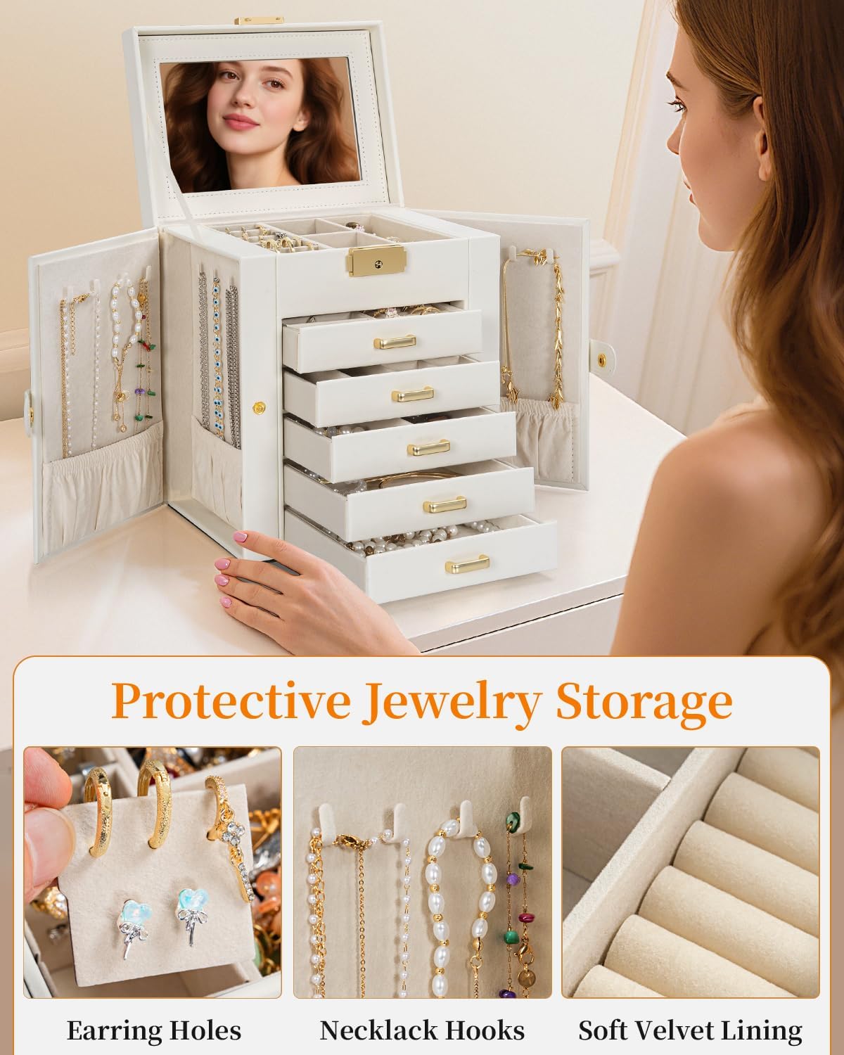 TORIBIO Large Jewelry Box for Women, Leather Jewelry Organizer with Mirror & Lock, 6-Tier Jewelry Storage Case for Girls/Women/Mothers, Necklace Earring Bracelets Holder Organizer - Image 5
