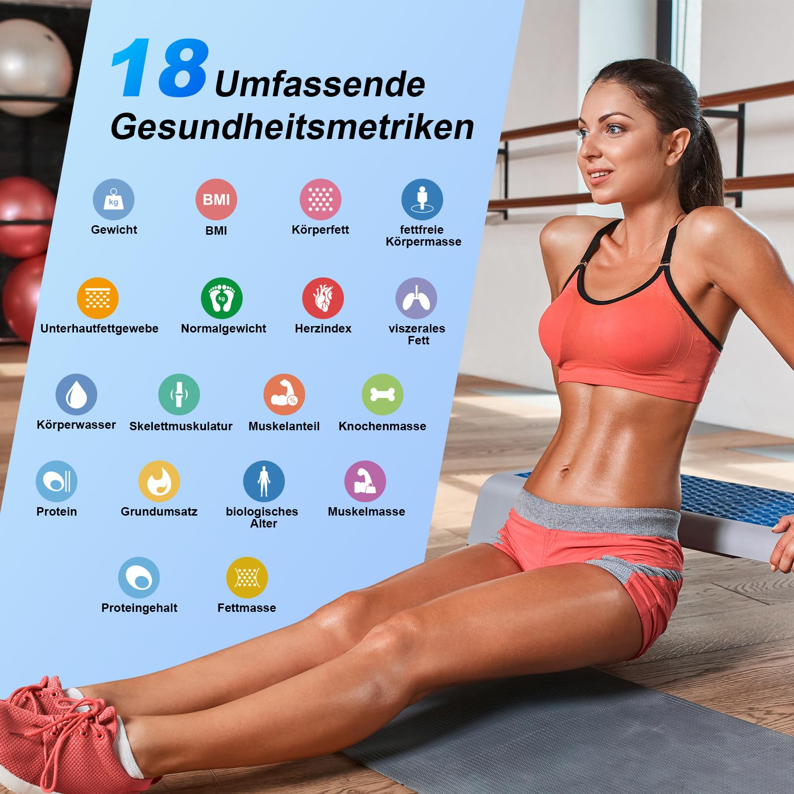 Körperfettwaage Digital Personenwaage Bluetooth mit 8 Elektroden Ganzkörperanalyse Waage mit APP und Handsensoren Smart Körperwaage für 18 Körperdaten Analysiert (300 Schwarz)