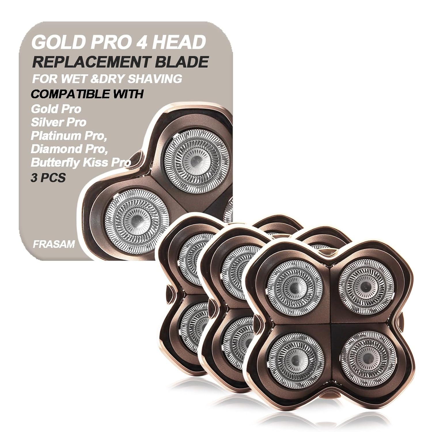 3 Pack Gold Pro 4 Head Replacement Blades for Skulls Head Shavers, Compatible with Pit Bulls Gold Pro, Platinum Pro, Silver Pro, Diamond Pro, Butterfly Kiss Pro Series…