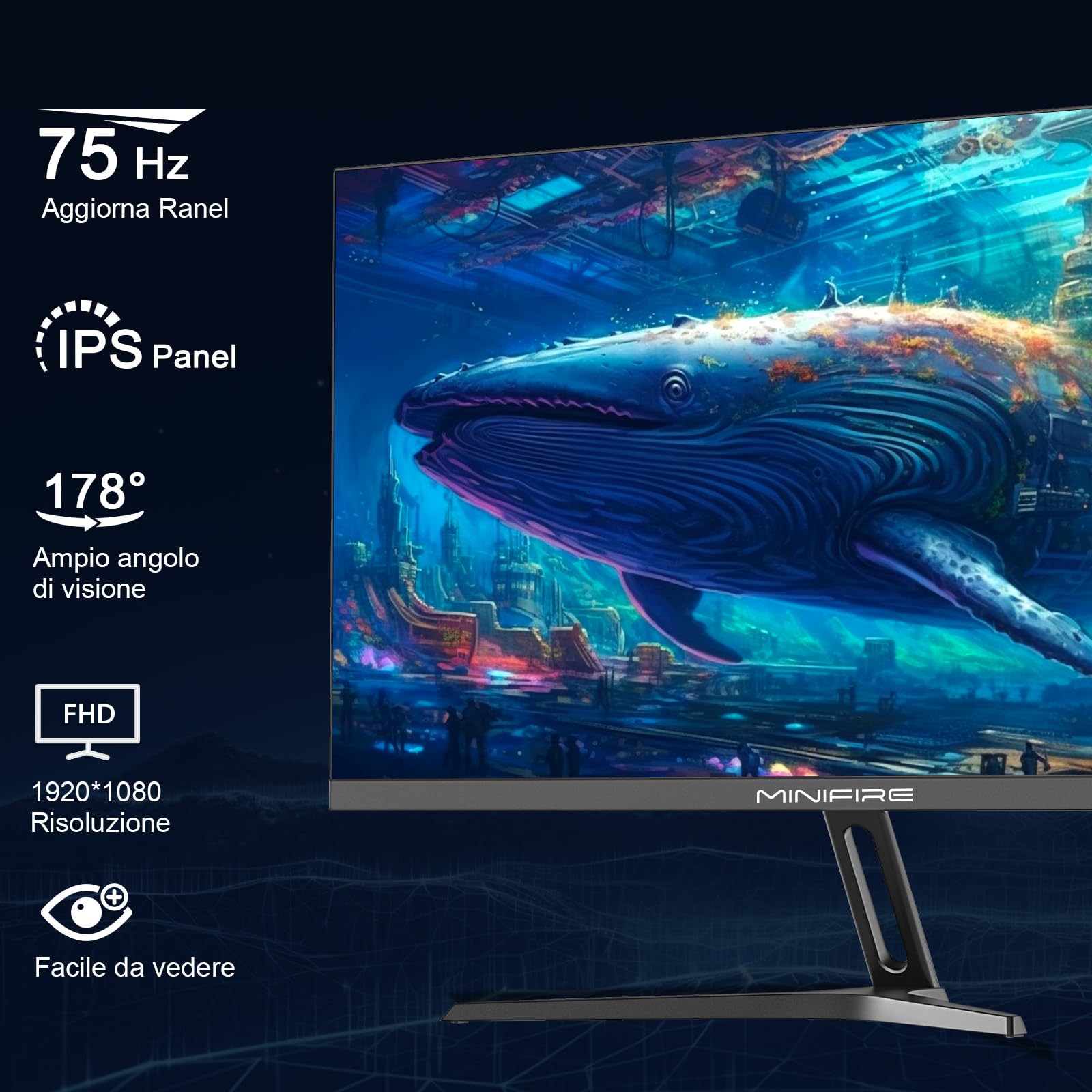 Minifire Monitor 22 pollici, FULL HD(1920 x 1080), IPS, 75 Hz, Adaptive Sync, Flicker Safe, 110% sRGB, Contrasto 3000:1, Tempo di Risposta 5 ms, HDMI 1.4, VGA, VESA, Reclinabile, Nero