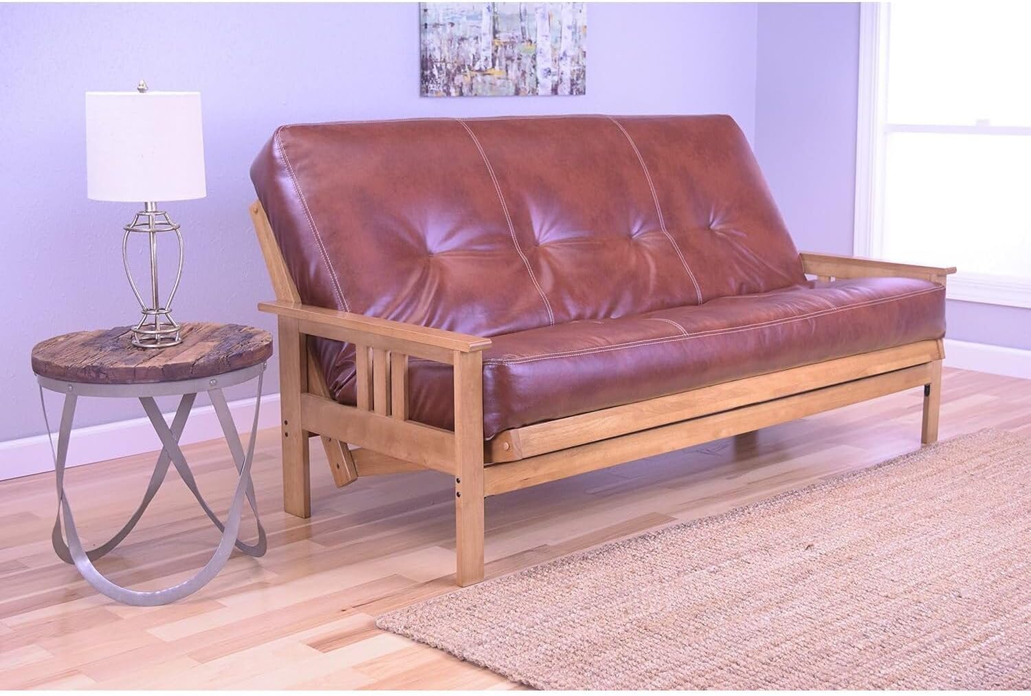 Maykoosh Futon Frame Set with Mattress - Butternut Finish Foldable Sofa Bed - Living Room Furniture Design