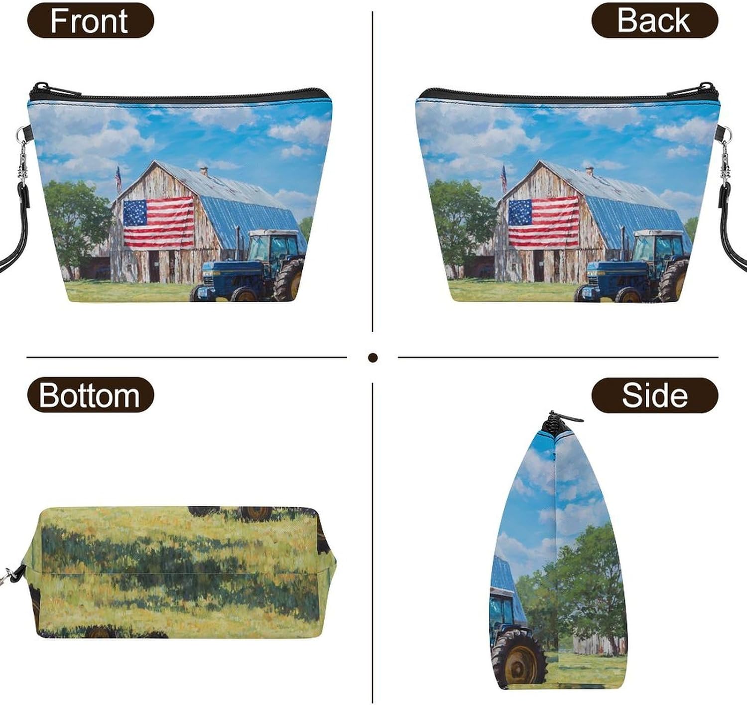 Farm Tractor U.S. Flag Women's Makeup Bag for Purse image 3