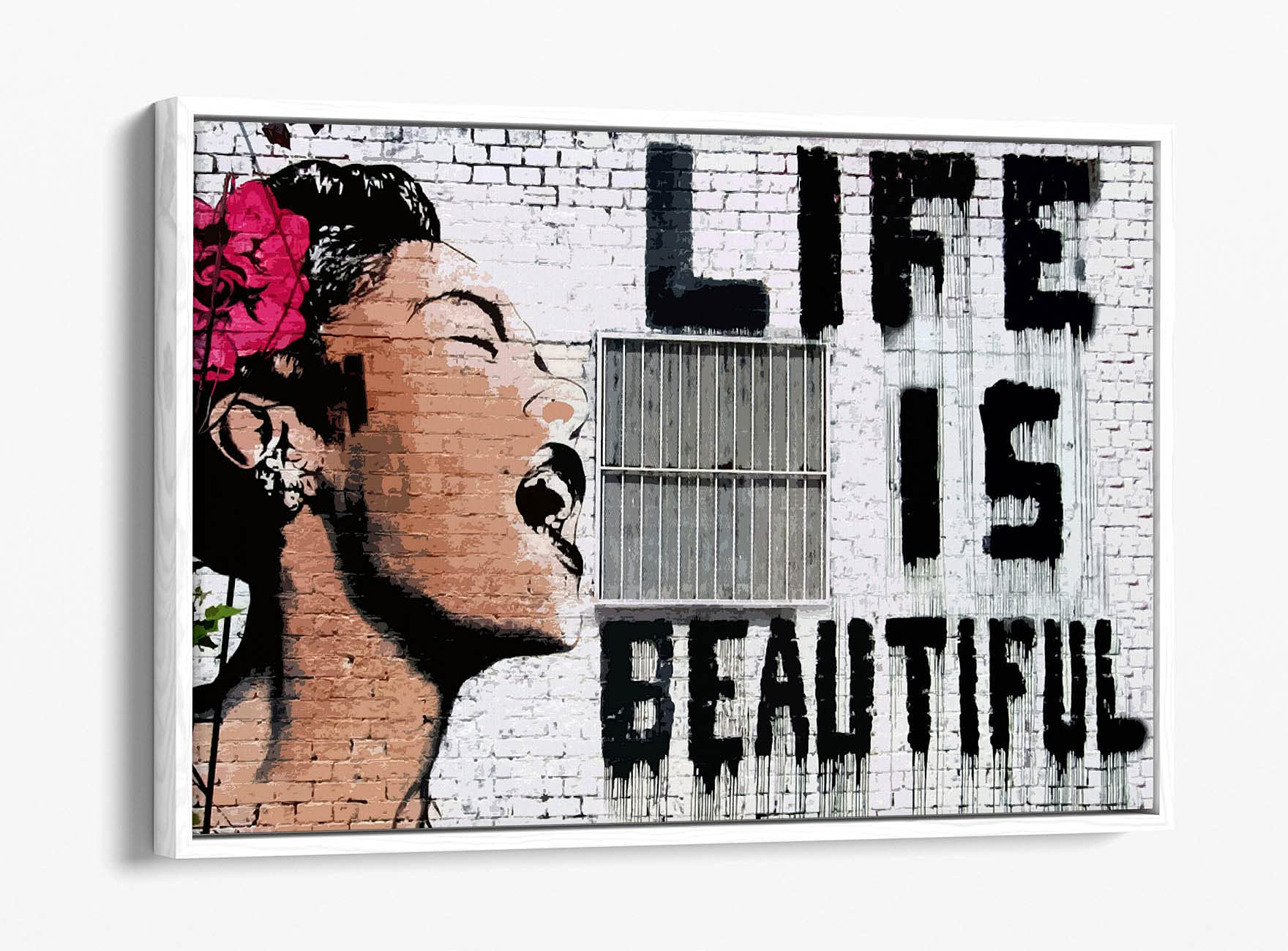 Canvasartshop White - Banksy Life Is Beautiful Graffiti- Float Effect Framed Canvas Wall Art Picture Print (, 24X16)