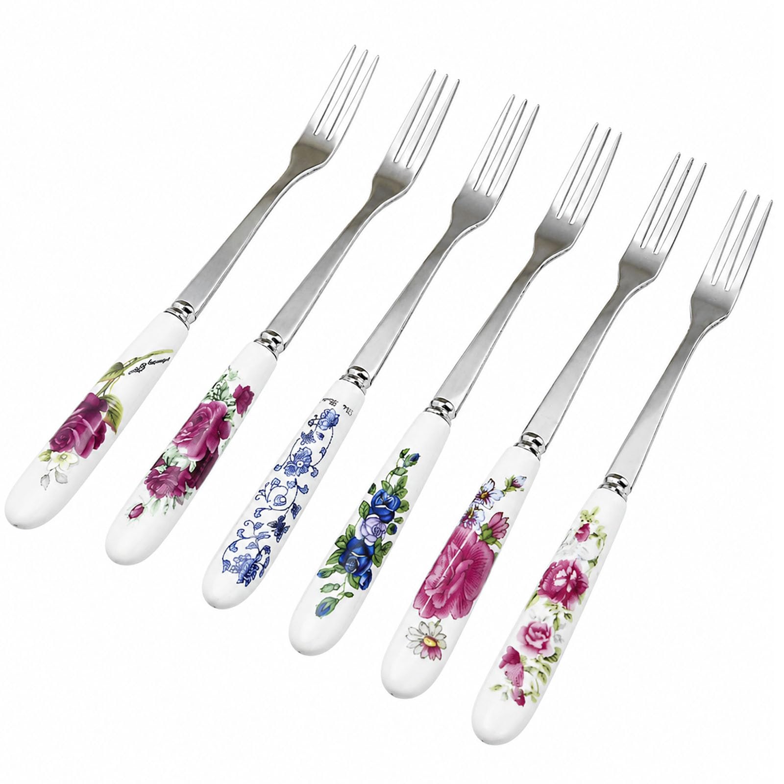 Mistillion 6Pcs Stainless Steel Dessert Forks with Ceramic Handles, Small Fruit Cake Snack Forks, Elegant Vintage Tableware for Home Party Afternoon Tea