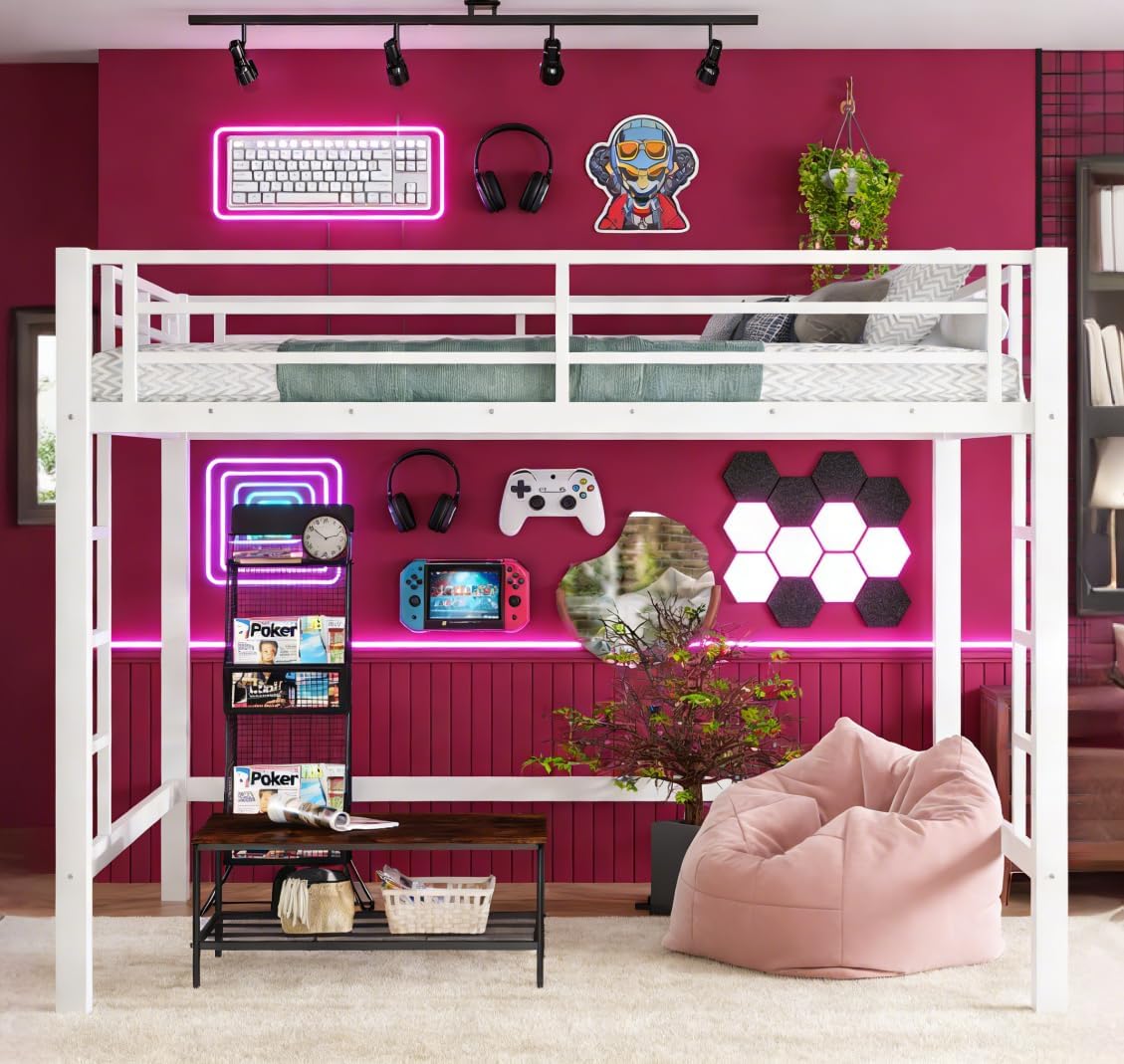 Bellemave Queen Size Loft Bed with 2 Ladder and Guardrails, Metal Loft Bed Frame, for Adults, Kids, Teens, White