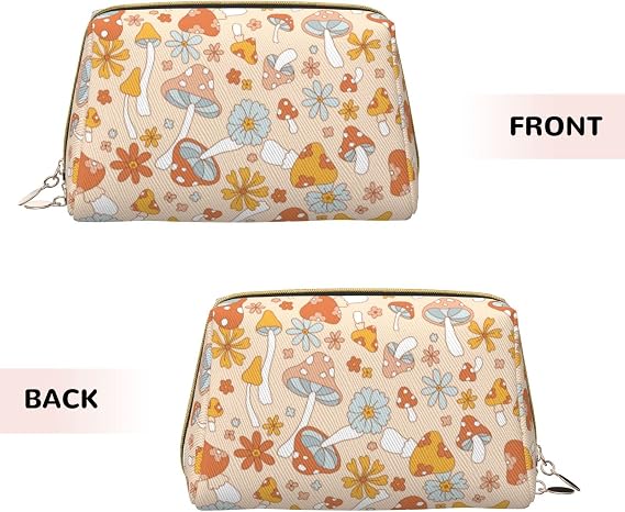 Boho Retro 70s 60s Hippie Mushrooms Large Travel Makeup Bag | Pouch Cosmetic Bags Toiletry Bag, for Women ,Vintage Cute Floral Leather Waterproof Makeup Organizer Bag