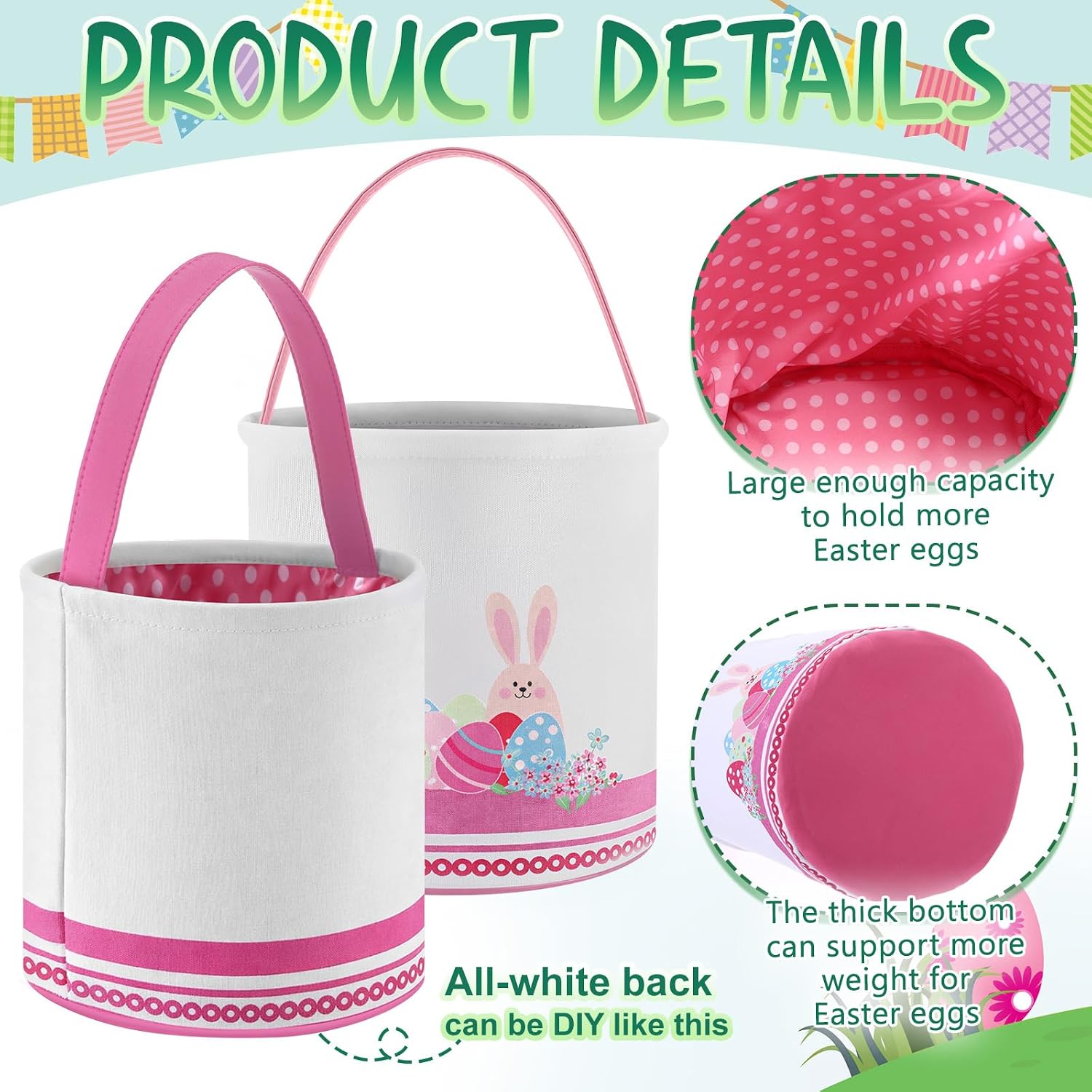 Honeydak 4 Pcs Easter Baskets for Kids Bunny Easter Egg Hunt Bags Canvas Tote Gift Bags Egg Buckets with Handles for Eggs Hunt, Toys, Candy, Gifts Party Favors(Bunny Eggs)