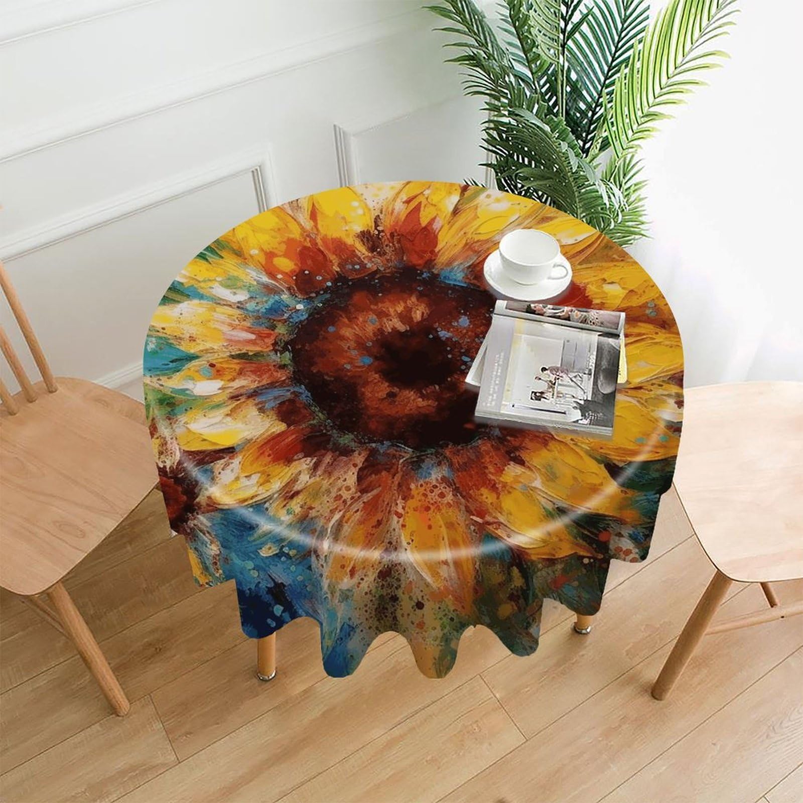 FekiLoot Abstract Sunflower Multicolor Round Tablecloth Cover 60 Inch Wrinkle Free Washable Polyester Fabric Table Cover Decorative Round Table Cloth for Home Dining Kitchen Party Farmhouse