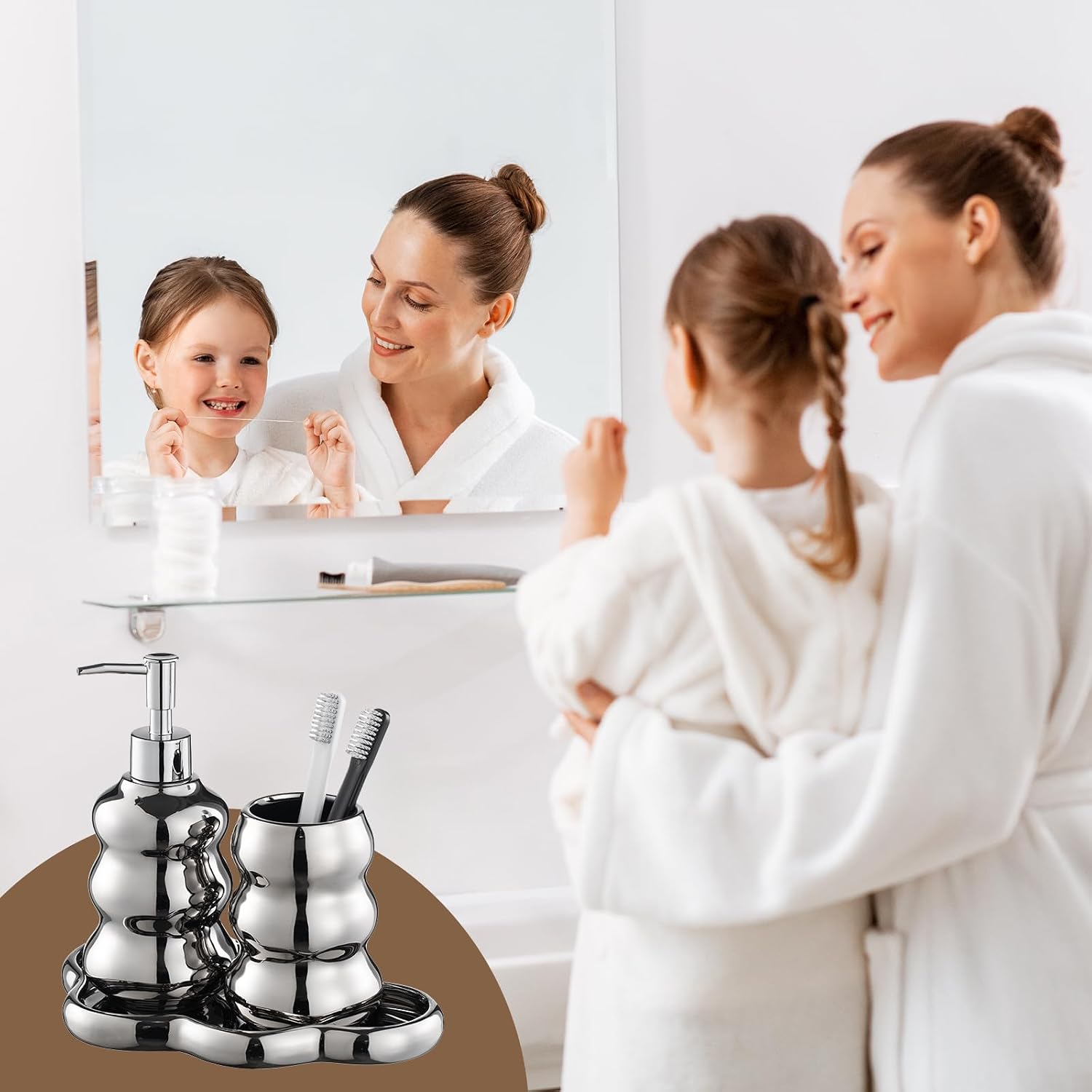Silver Bathroom Accessory Set, 3-Piece Ceramic Bath Accessories Set with Tray, Lotion Dispenser, and Tumbler