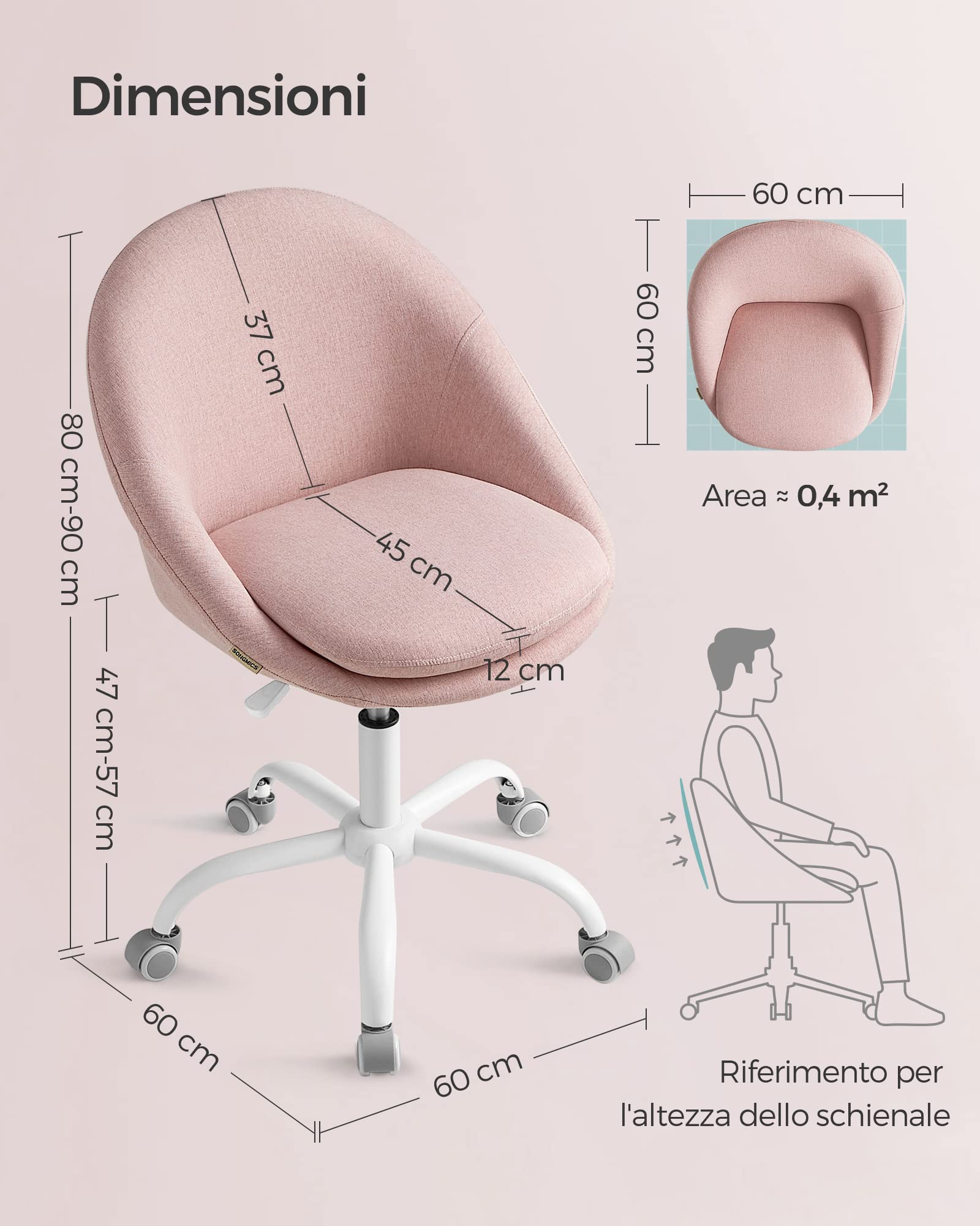 SONGMICS Sedia da Studio, Sedia Girevole di Cotone-lino, Poltrona da Scrivania Imbottita in Gommapiuma Regolabile in Altezza, Studio, Camera da Letto, Rosa Gelatina OBG020P01