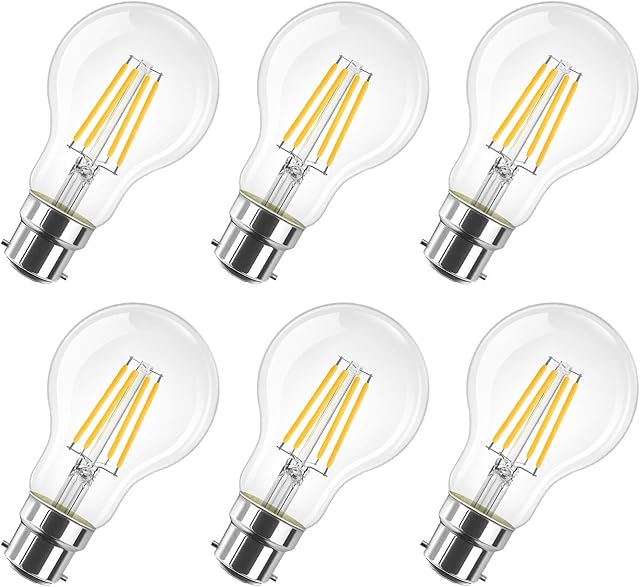 B22 LED Filament Bayonet Bulb, 6.5W GLS Energy Saving Bulbs, Retro Glass A60 LED Bulbs,60W Equivalent, 806Lm, 2700K Warm White A60 Clear Filament Bayonet Cap,Non-dimmable (6 PCS)
