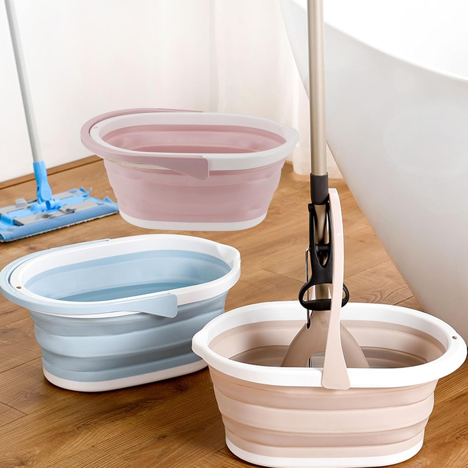 Foldable Wash Basin, Multifunction Sturdy PP Portable Handle Mop Bucket Rectangular for Kitchen (Khaki)