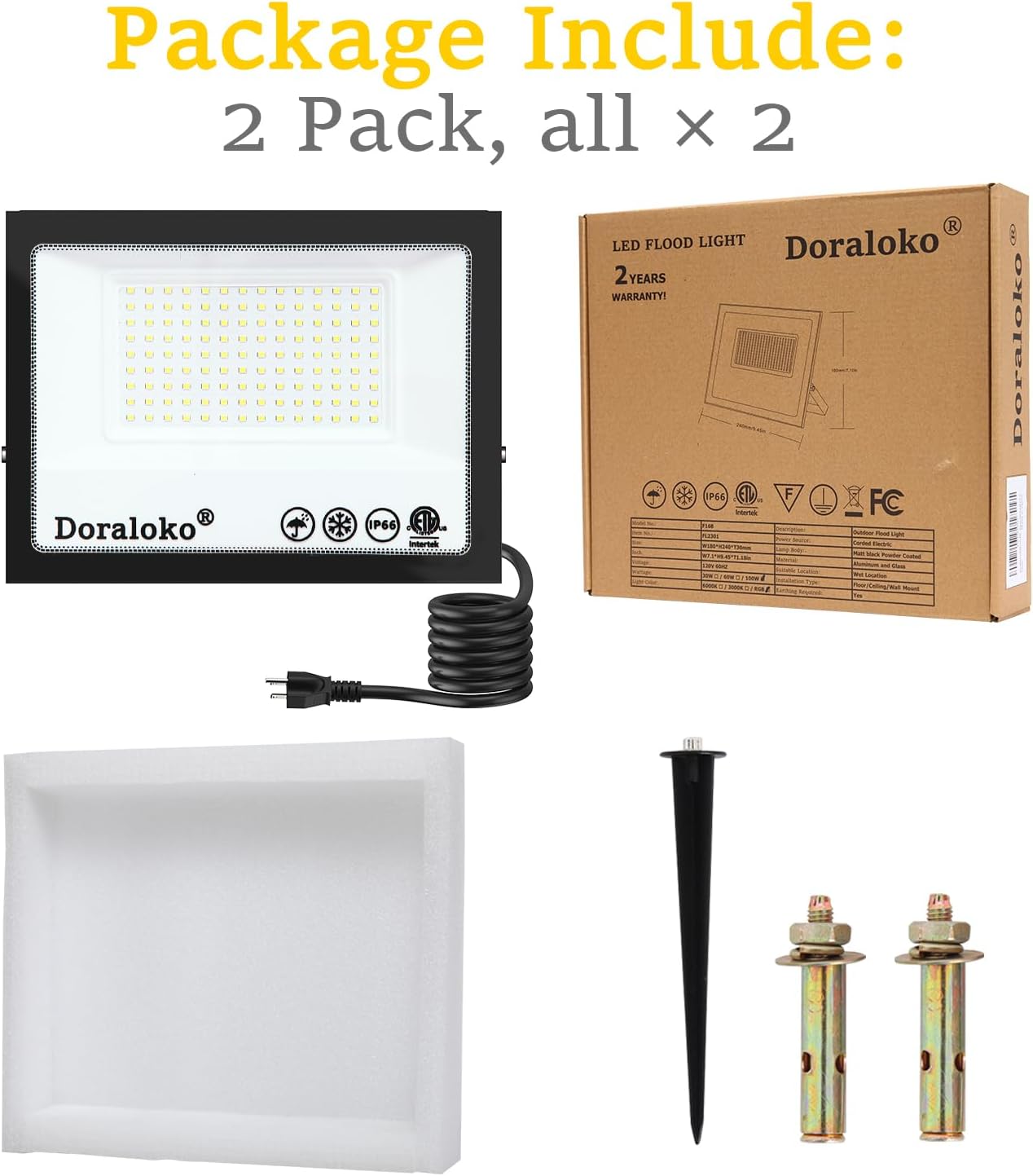 2 Pack LED Flood Lights Outdoor(Aluminum Material) - with Ground Stakes, Exterior Waterproof, 700W Equivalent, Super Bright, Heavy Duty, Plug and Play, for Basketball Court