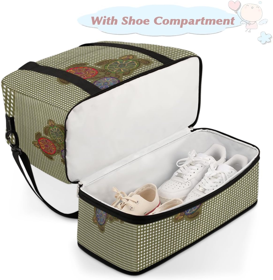 QsirBC Turtle Animal Design Gym Bag for Women Duffle Tote with Shoes Compartment Men Weekender Duffel for Dance Travel Sports Swimming Overnight