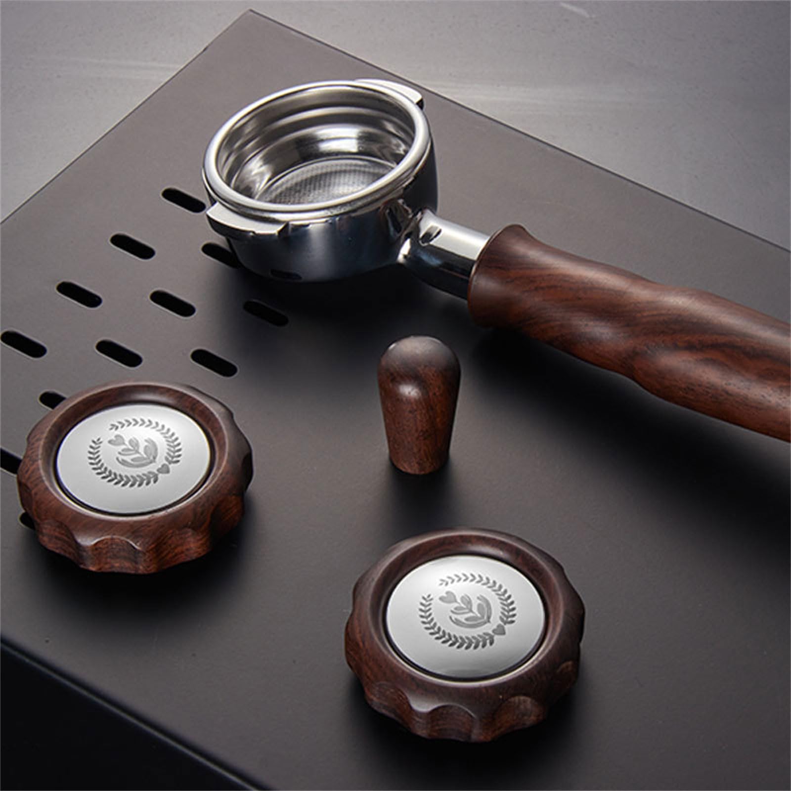 Portafiltro de café sin fondo de 58 mm para máquinas de café /Aibo, máquina de acero inoxidable, mango de madera, mango de madera