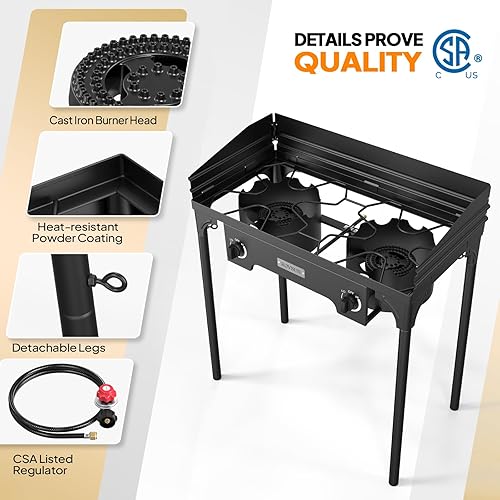 Miniatura 9 de ROVSUN Estufa de camping al aire libre de 2 quemadores con panel de viento y estantes, quemador de propano resistente y resistente, cocina de gas