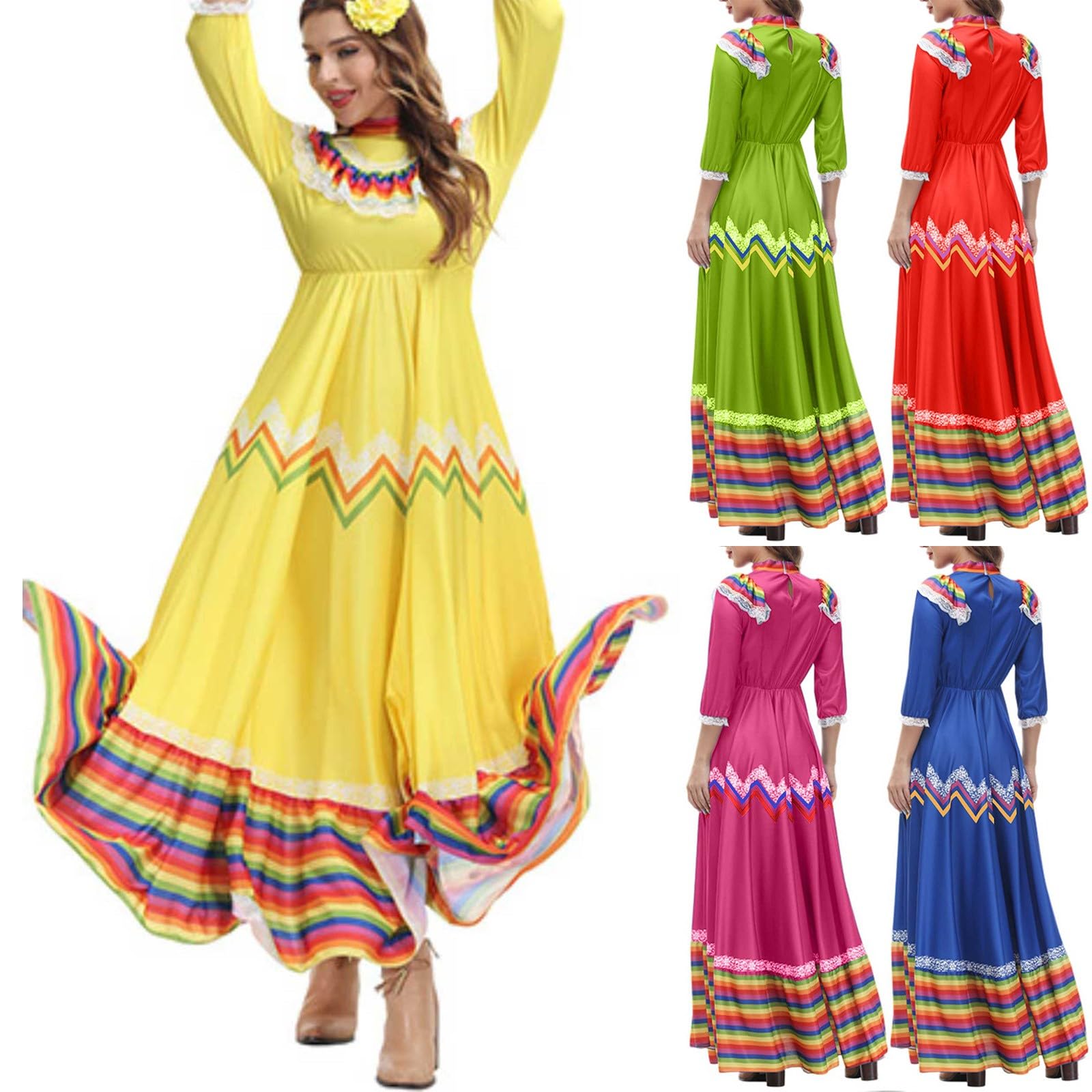 Vestido bohemio para mujer, vestido tradicional mexicano, vestido de baile folklórico, vestido de cinco de mayo, vestido holgado, dobladillo grande, vestido de verano largo, vestido festivo, vestido