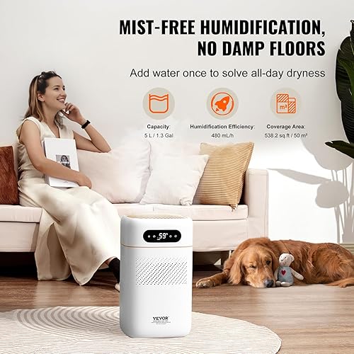 Miniatura 3 de VEVOR Humidificador Evaporativo para Toda la Casa 5L(1.32G) Humidificadores 538.2 pies cuadrados, 480 ml/h Humidificador de Humedad Fría Inteligente