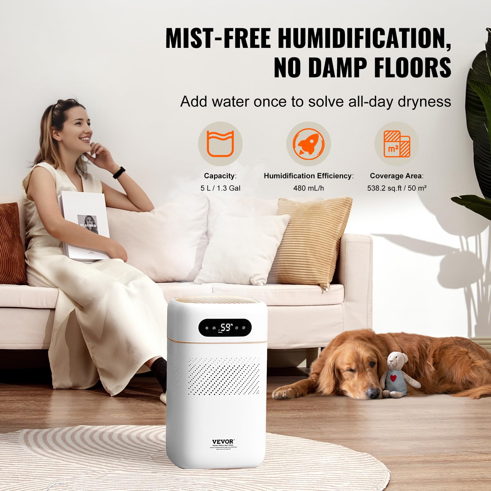 VEVOR Humidificador Evaporativo Inteligente para Toda la Casa, 480 ml/h, 3 Velocidades y Temporizador de 1 a 12 h, Filtro Premium, Modo de Suspensión Silencioso para Dormitorio, 5 L, Φ 220 x 380 mm