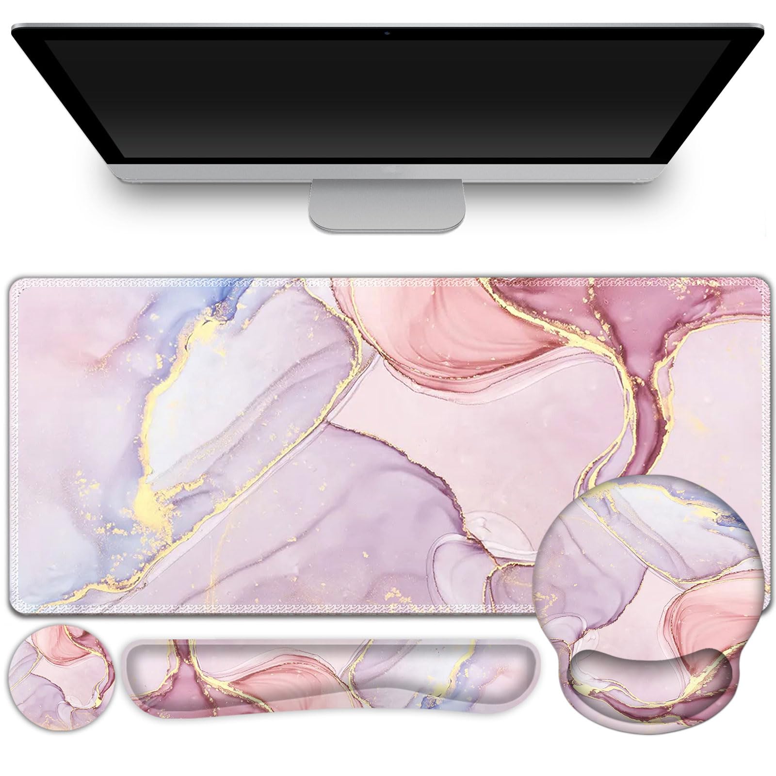 ToLuLu Desk Mat, XXL Large Mouse Pad Wrist Support Set,4 in1 Gaming Mousepad Desk Pad+ Ergonomic Mouse Pad with Wrist Rest + Keyboard Wrist Rest+Coaster for Home Office Computer, Pink Glitter Marble — image 1